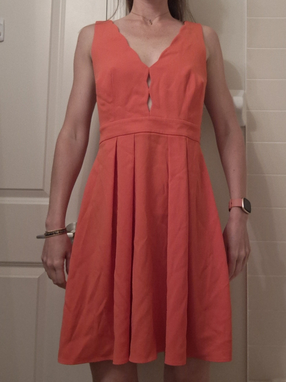 Scallop V-Neck Fit & Flare Mini Dress in Coral Orange